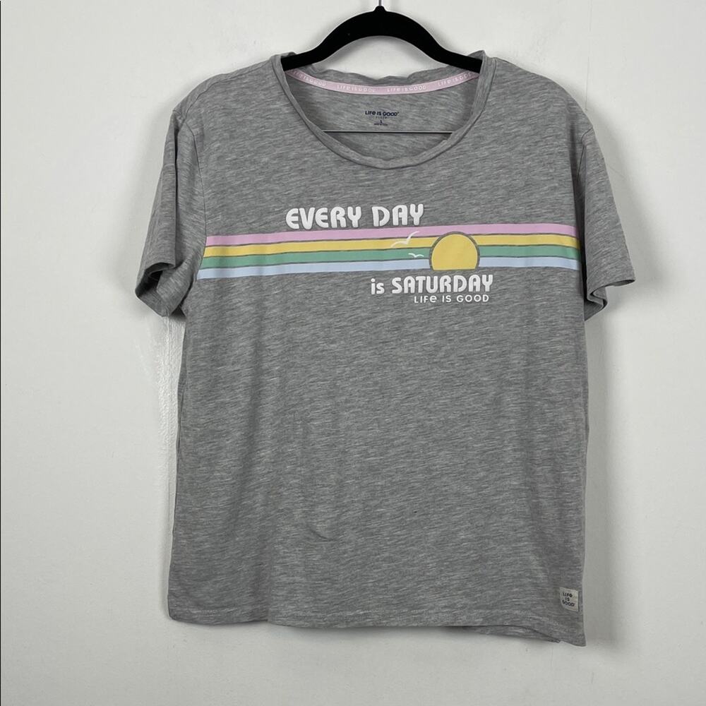 Life Is Good Everyday Is Saturday Gray Graphic 2 PC Pajama Set Rainbow Stripes - Picture 2 of 12